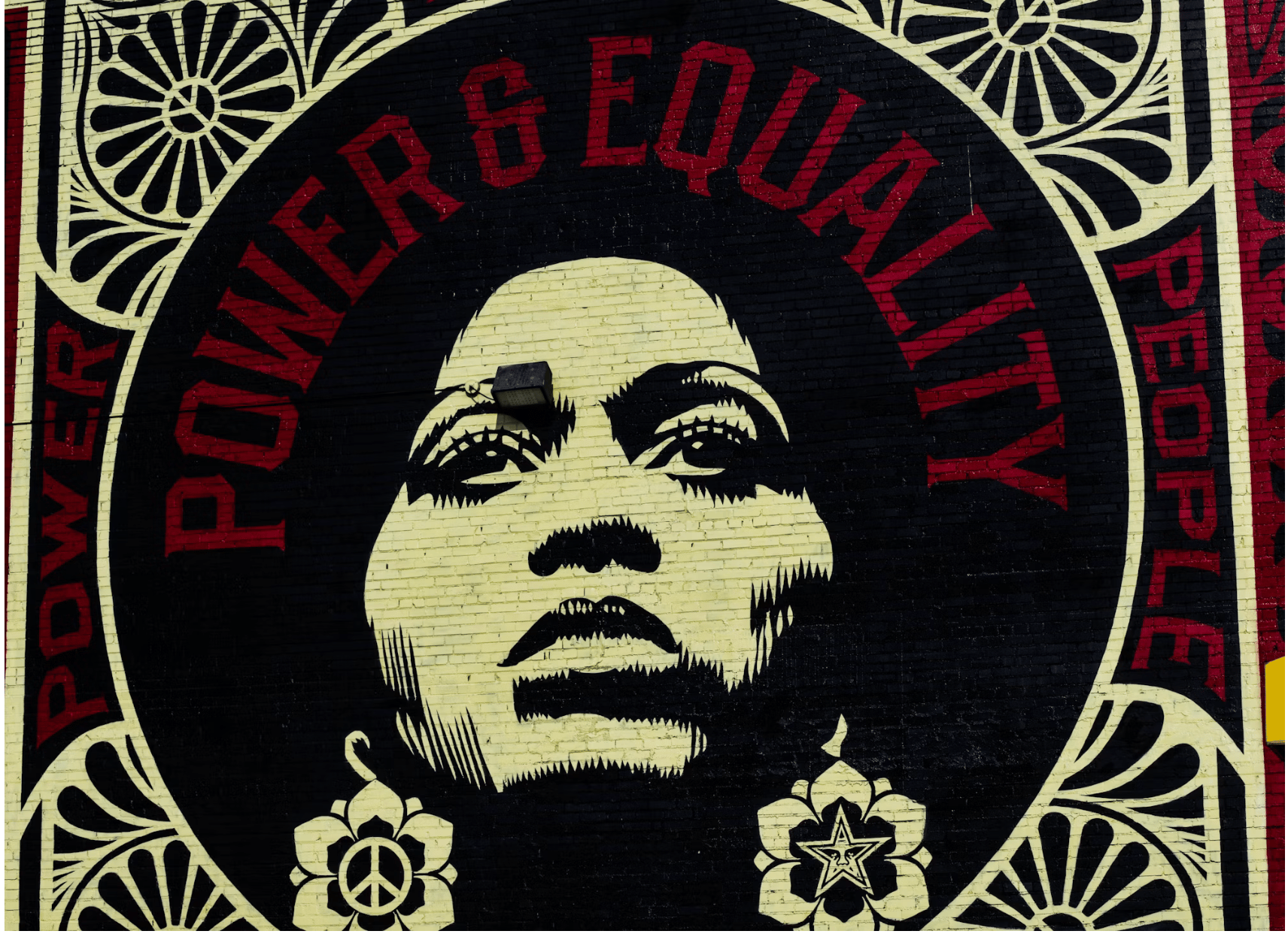 mural depicting a black woman with the words power & equality written in her afro
