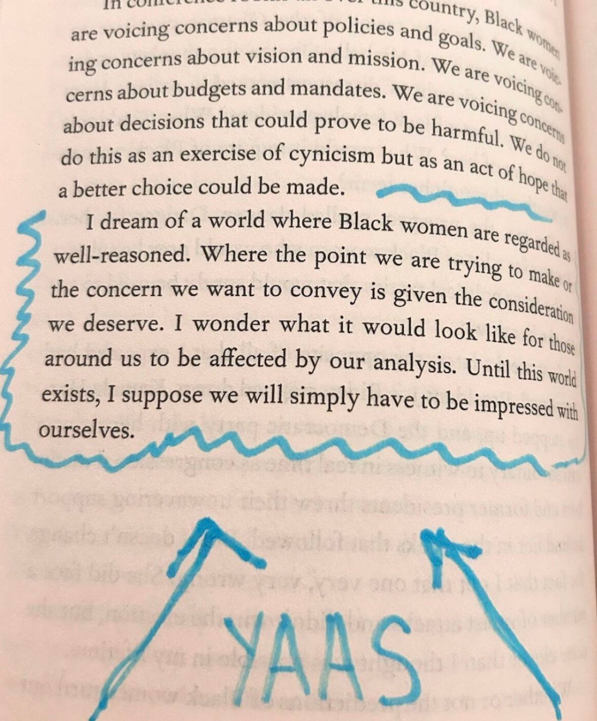 passage from Full of Myself with blue squiggly highlighter about believing Black women