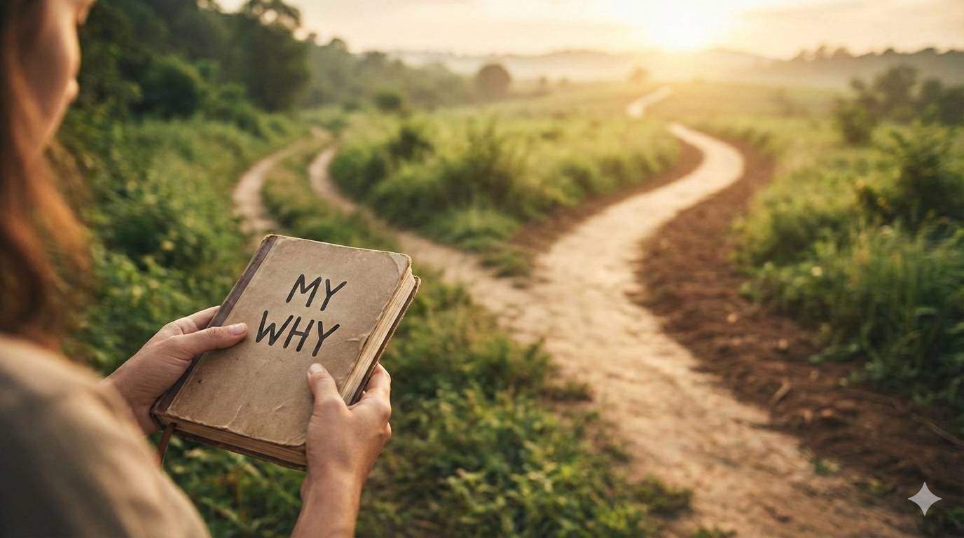 AI generated. Hands holding a notebook that says: "My Why" standing at a fork in the road with two possible paths to take.