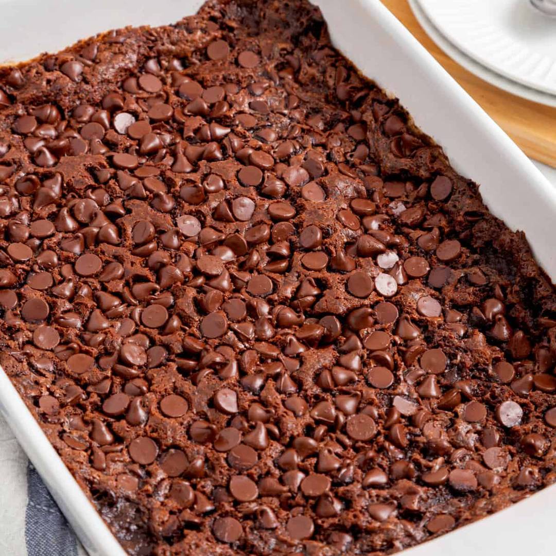 Chocolate Dump cake with chocolate chips. 