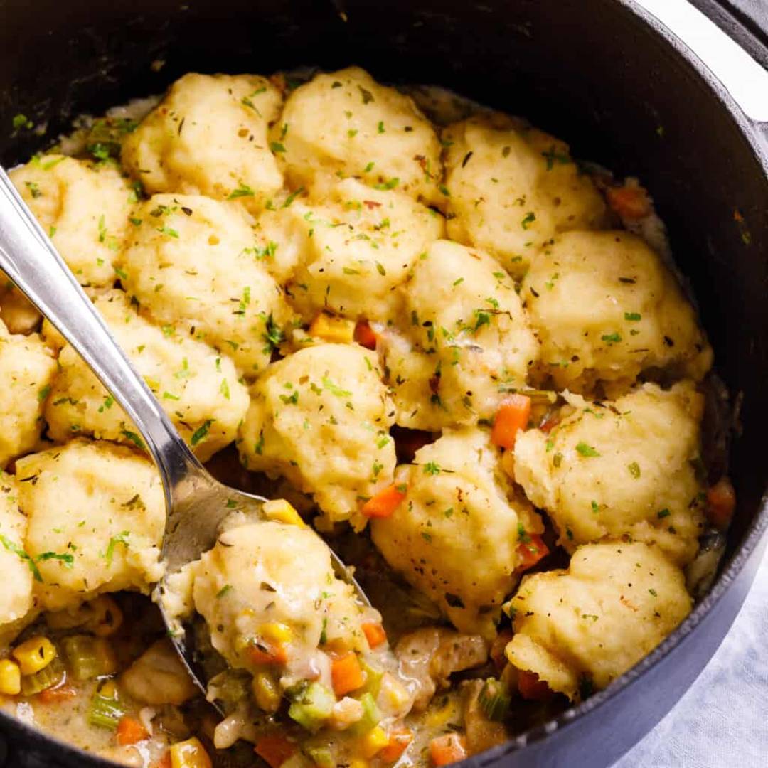 Chicken and Dumplings in a pot. 