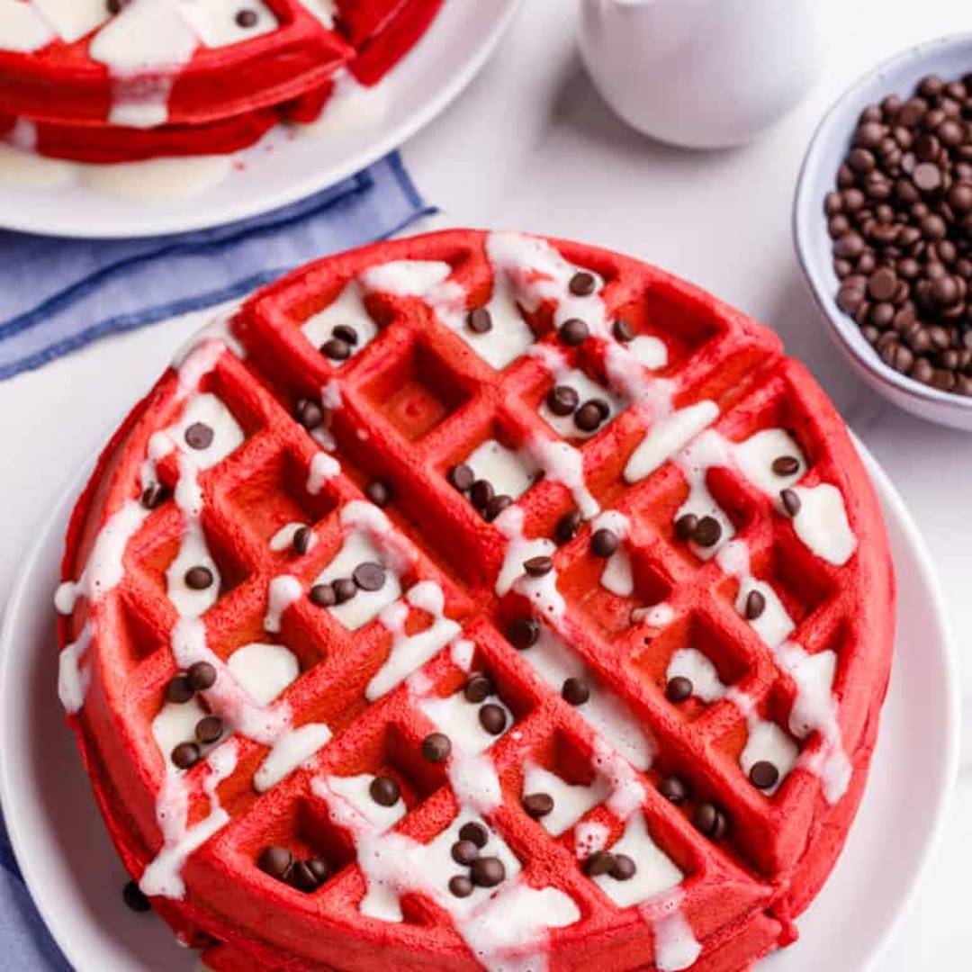 red velvet waffles with chocolate chips. 