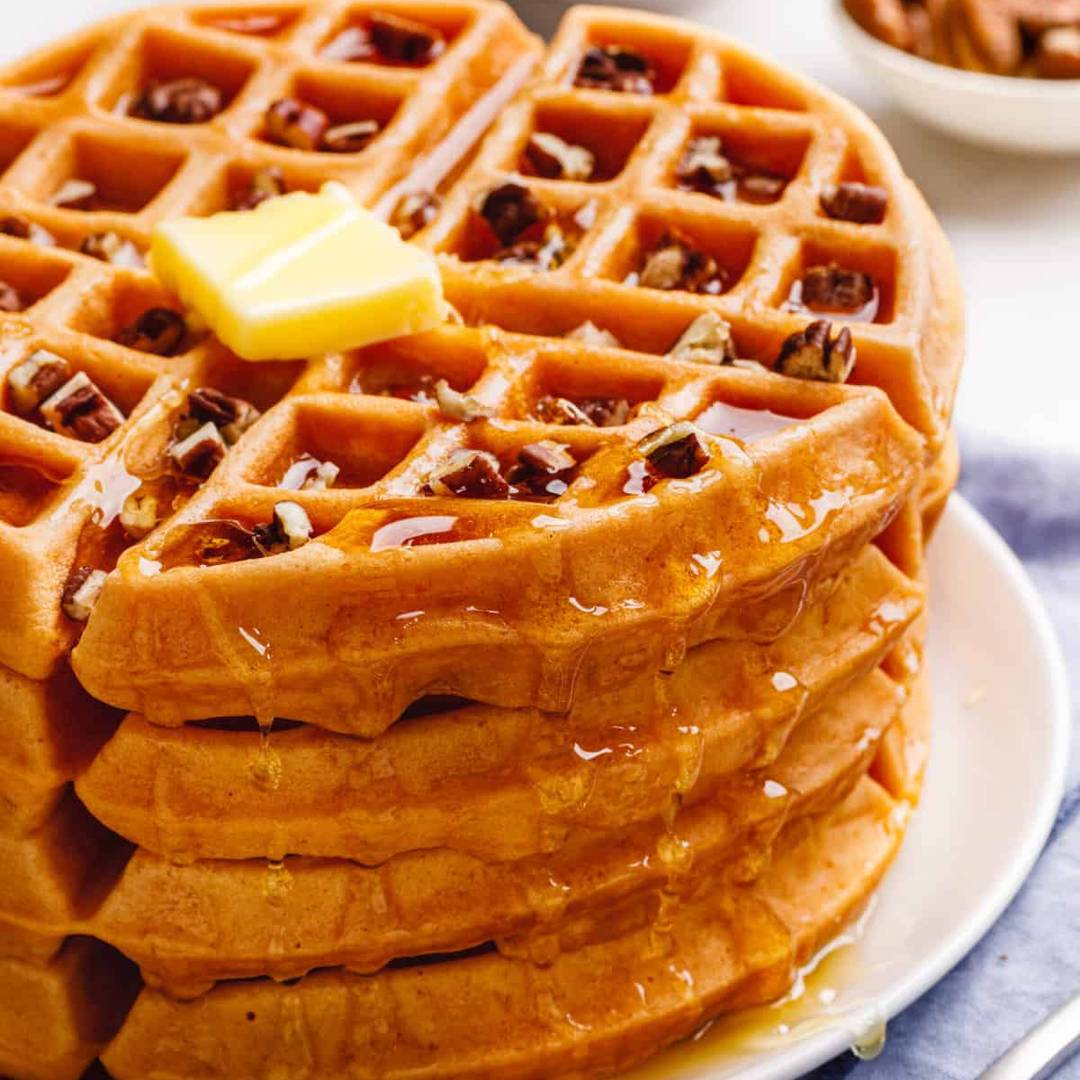 Bisquick pumpkin waffles with nuts. 