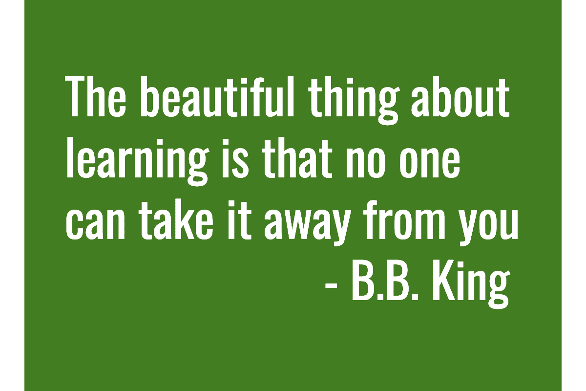 Text: The beautiful thing about learning is that no one can take it away from you - B.B. King