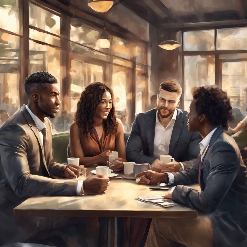 A drawing showing four business colleagues having coffee together in a cafe.
