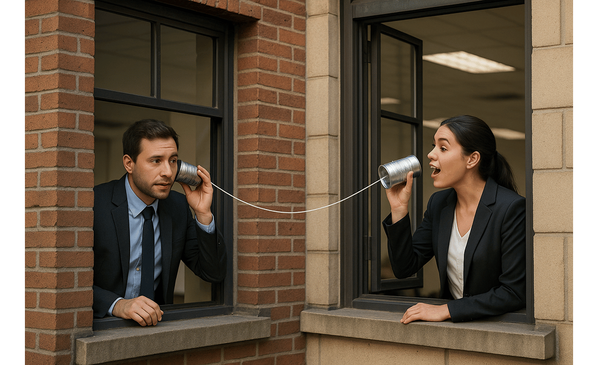 Two office workers are standing at their respective windows trying to speak to one another via tin can telephone.