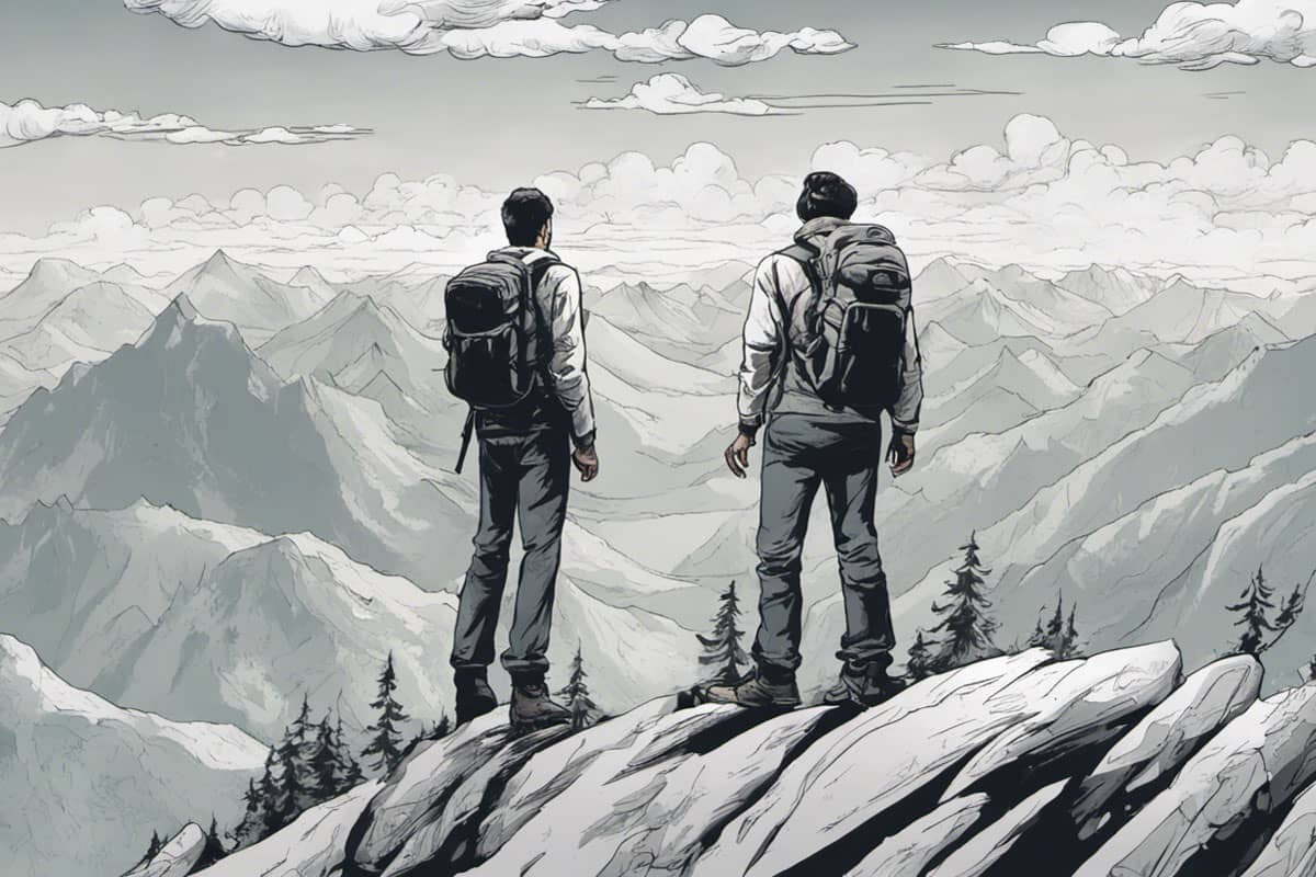 Two hikers surveying the surrounding mountains after reaching a peak