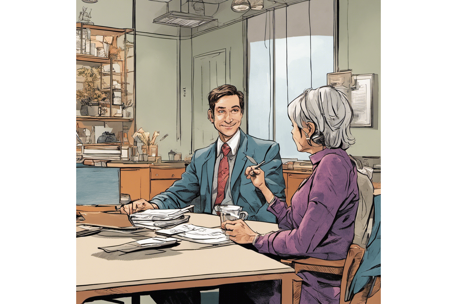 Drawing of a mentor speaking with a mentee in an office