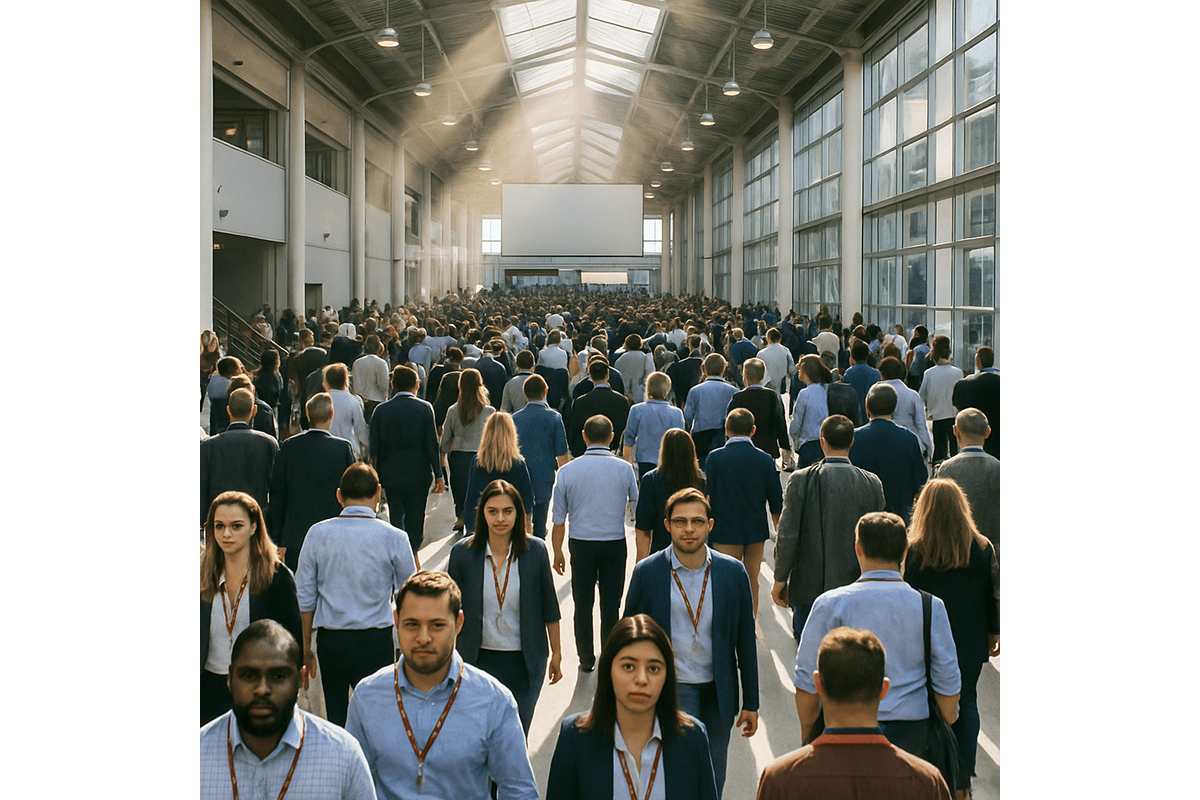 A large crowd of people moves through a bright convention center atrium, with sunlight streaming down from skylights. About half the attendees walk toward the viewer while others walk away in a busy conference scene.