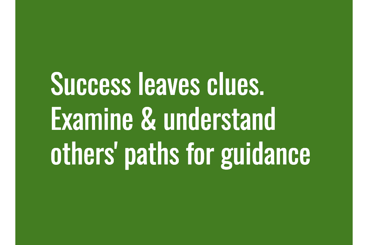 Text: Success leaves clues. Examine & understand others' paths for guidance