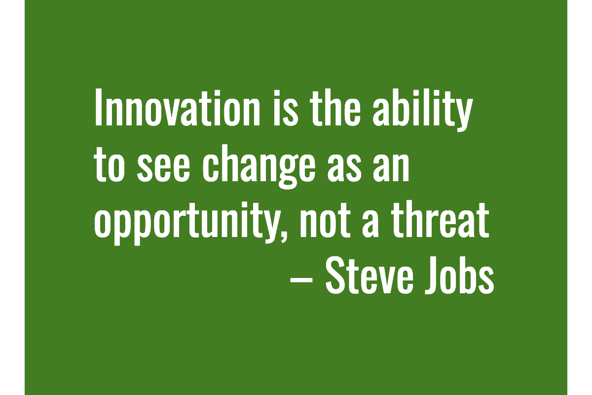 Text: Innovation is the ability to see change as an opportunity, not a threat. – Steve Jobs