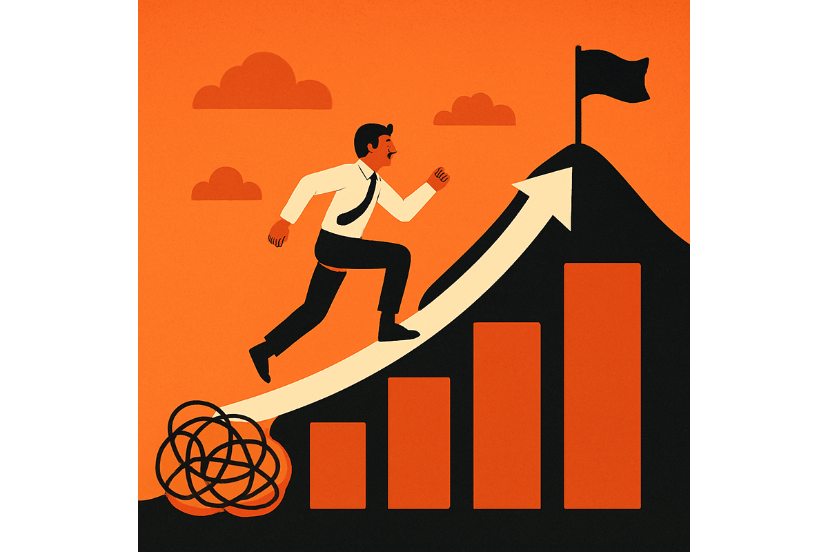 An illustration of a man climbing a mountain of tasks and moving from disorganization to achieving at a high level.