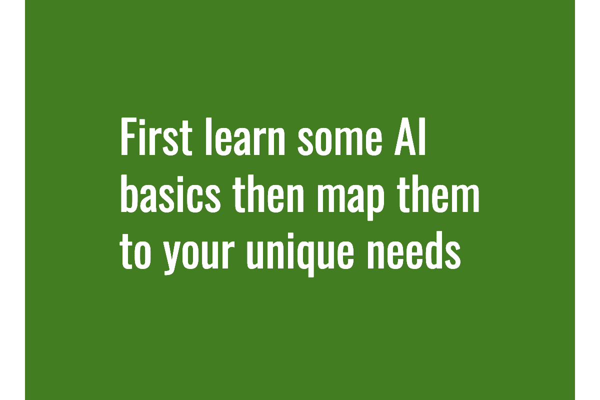 Text: First learn some AI basics then map them to your unique needs