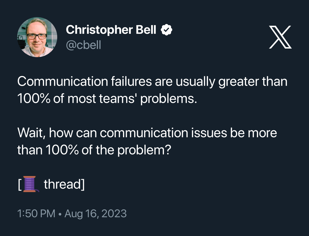 Text of a Tweet from cbell: Communication failures are usually greater than 100% of most teams' problems