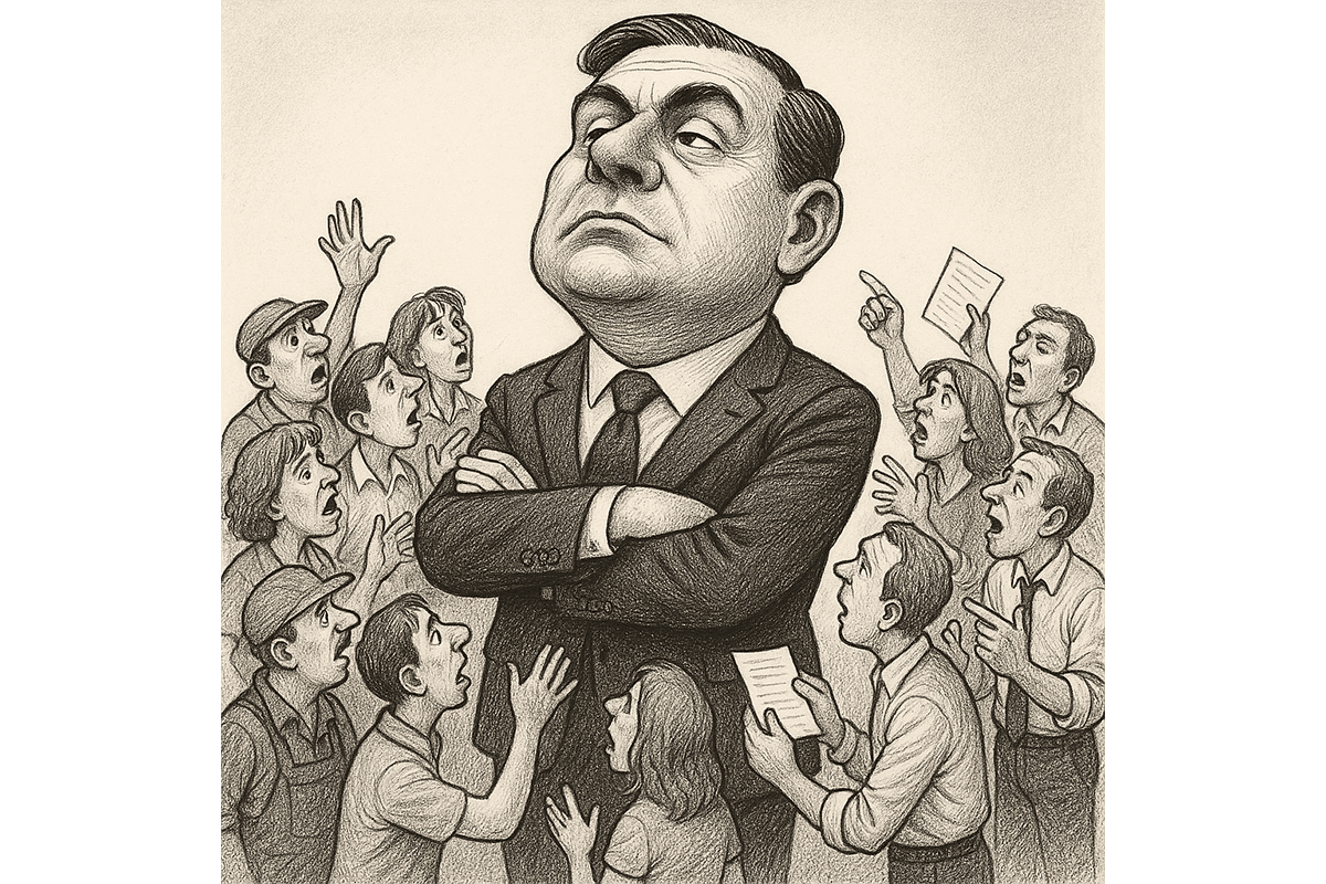 A pen-and-ink caricature of a boss with an oversized head standing confidently with arms crossed while ignoring a crowd of employees around him trying to get his attention, holding papers and speaking urgently.