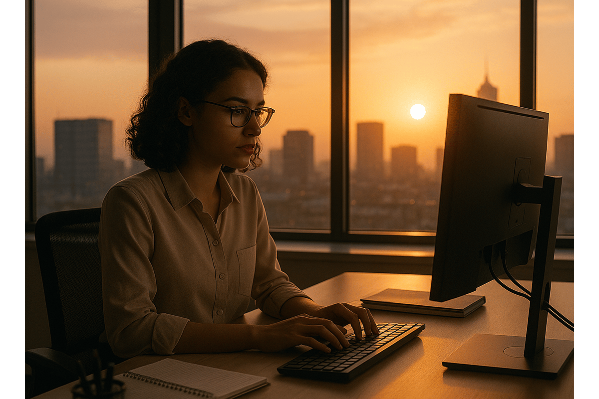 A woman works at her desk typing on a computer in a modern office as the morning sun rises, casting warm light over the city skyline visible through the large windows behind her.