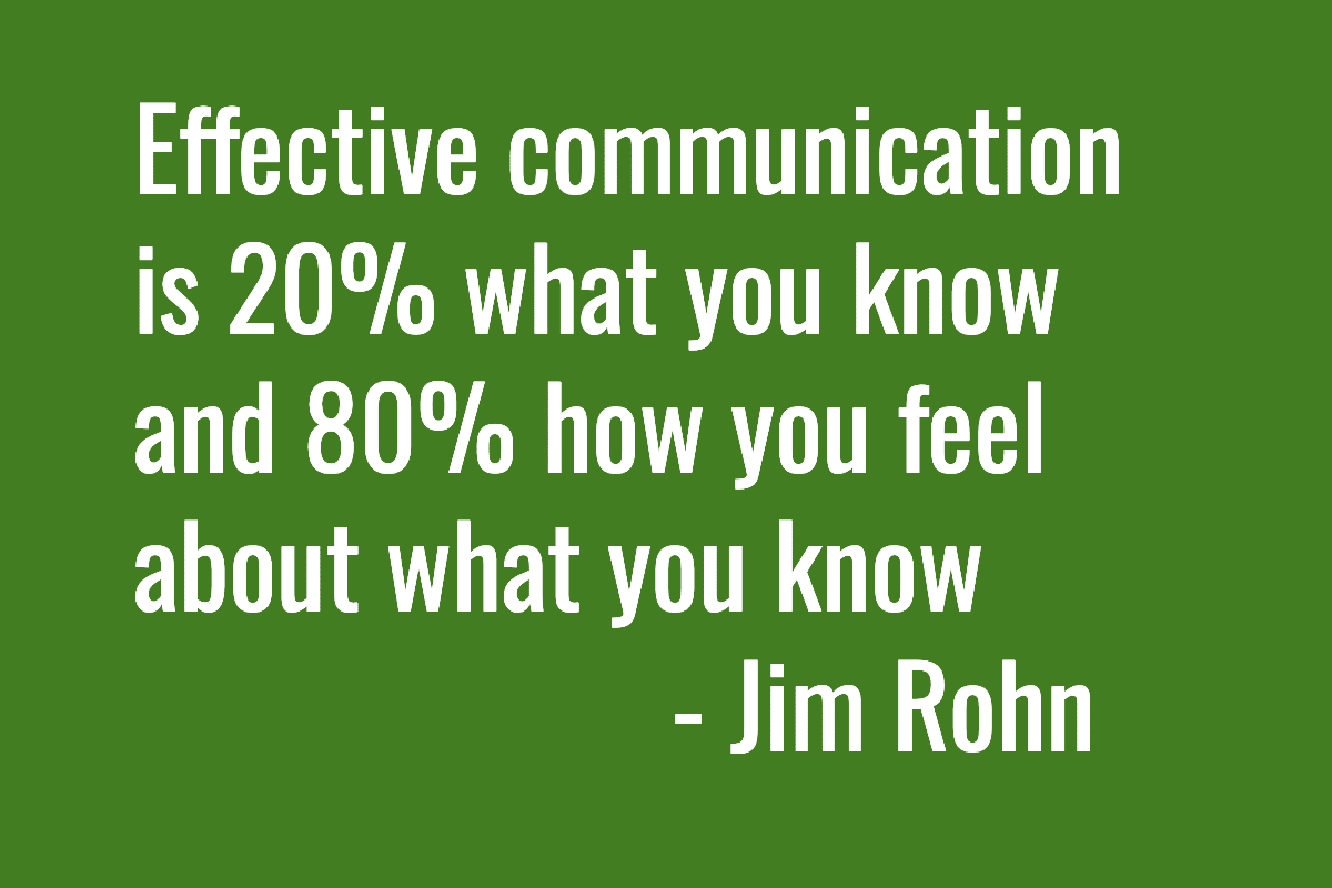 Text: Effective communication is 20% what you know and 80% how you feel about what you know. --Jim Rohn
