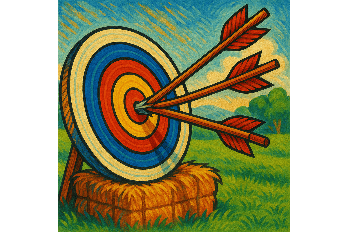 An illustration showing three arrows splitting the center bullseye on an archery target.