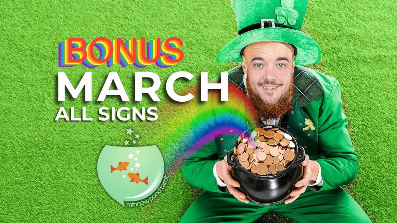 Chris Reck with Minnow pond tarot from you tube dressed as a leprechaun holding a pot of gold with a rainbow coming out of it.