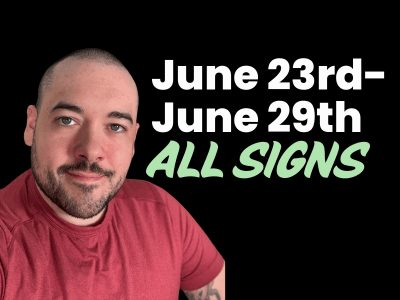 Chris Reck smiling in a red shirt with text that says “June 23rd–June 29th ALL SIGNS” on a black background.