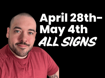 Chris Reck in a red shirt next to bold white text that says 'April 28th–May 4th All Signs' on a black background.