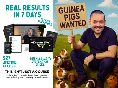 Chris Reck holding a "Guinea Pigs Wanted" sign, surrounded by cartoon guinea pigs. Text on image reads: “Real results in 7 days,” “$27 lifetime access,” “Weekly clarity system that sticks,” and “This isn’t just a course.” Includes mockups of workbooks and