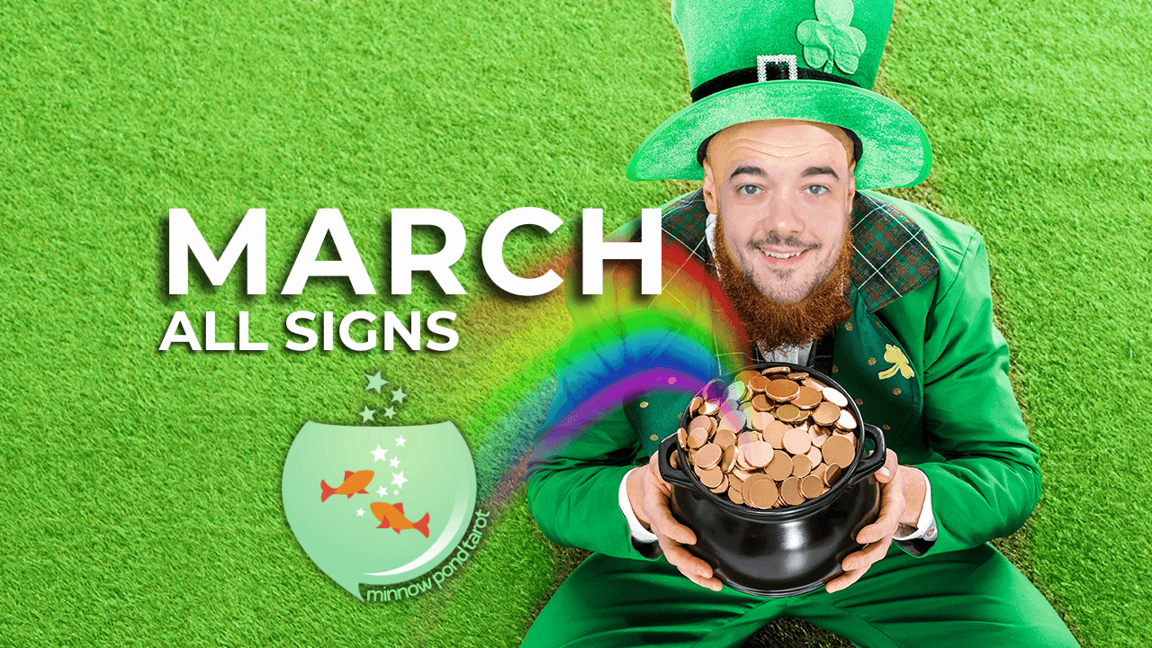 Chris Reck with Minnow pond tarot from you tube dressed as a leprechaun holding a pot of gold with a rainbow coming out of it.
