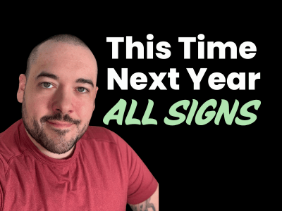 Chris Reck smiling in a red shirt on a black background with white and green text that reads “This Time Next Year – ALL SIGNS”