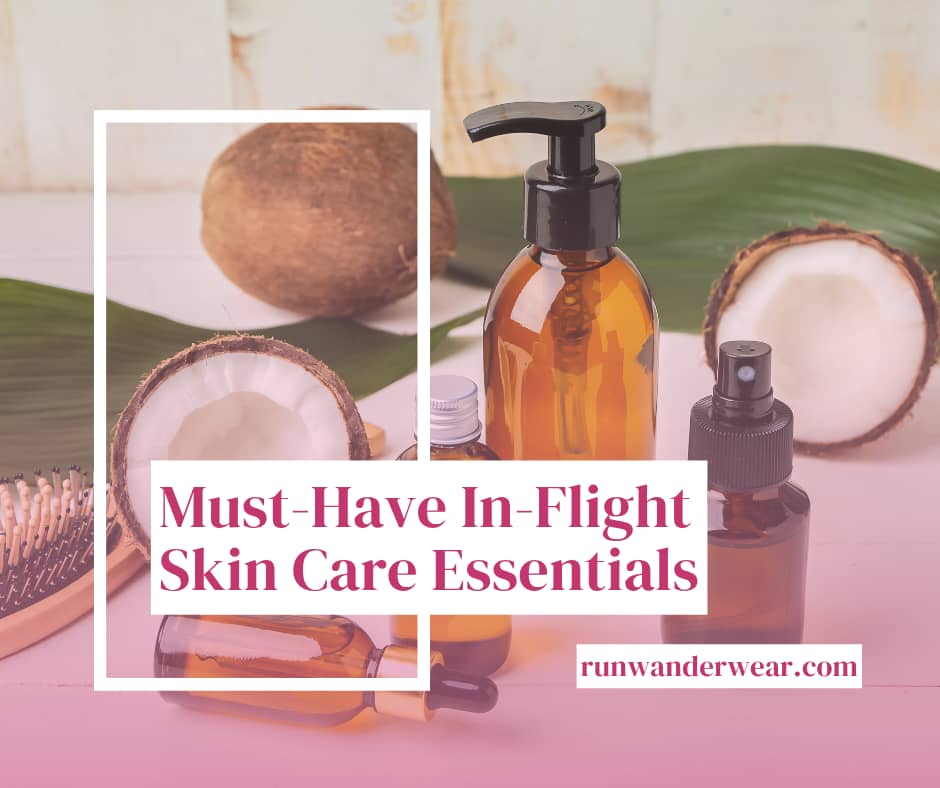 skin care products with the text must-have in-flight skin care essentials
