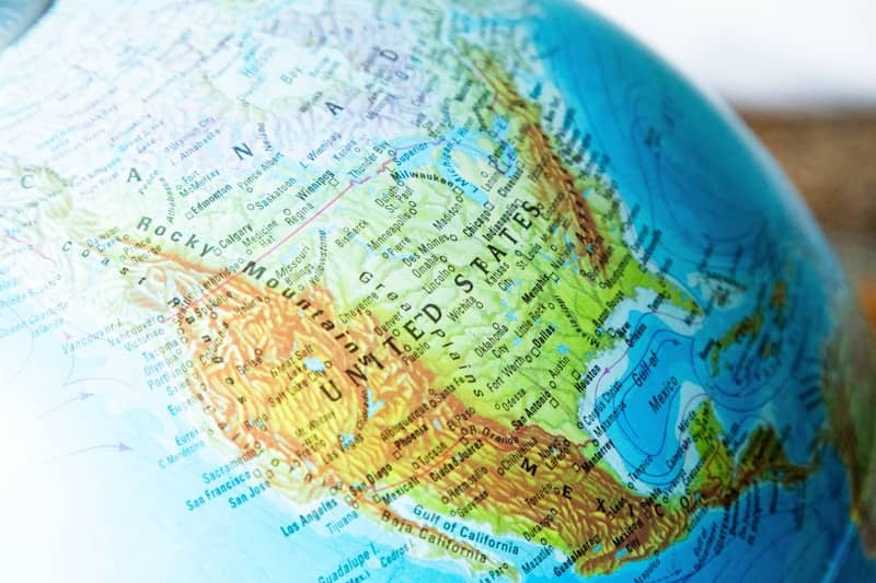 Close-up of a globe showing north america.