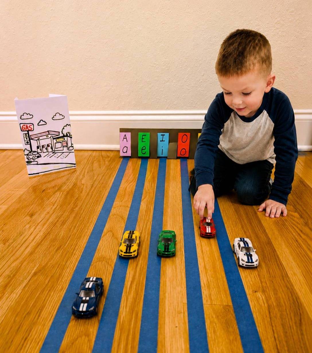 Finished RBK Letter-Sound Garage activity with colorful vowel doors