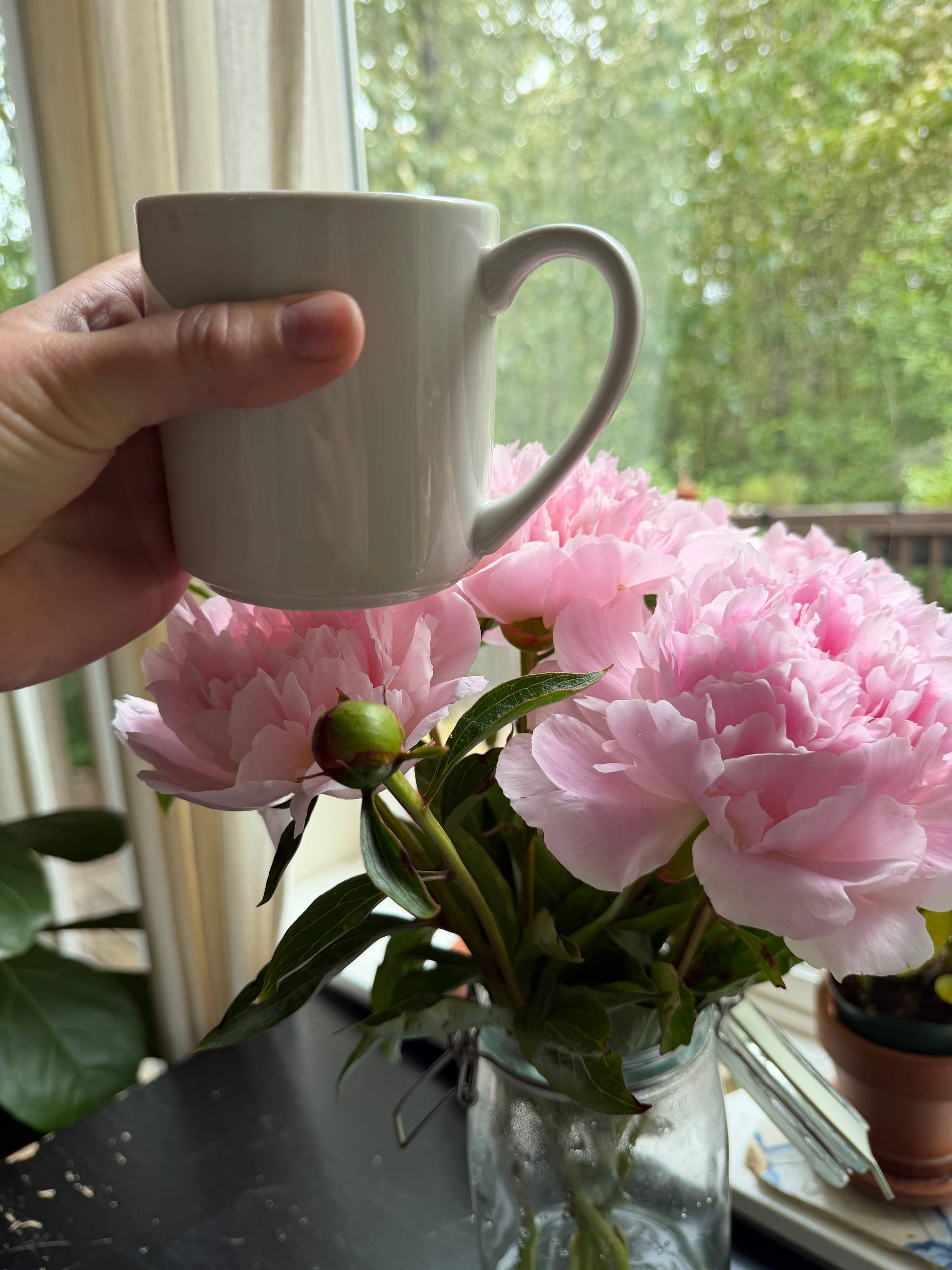 Pink peonies and a cup of coffee.