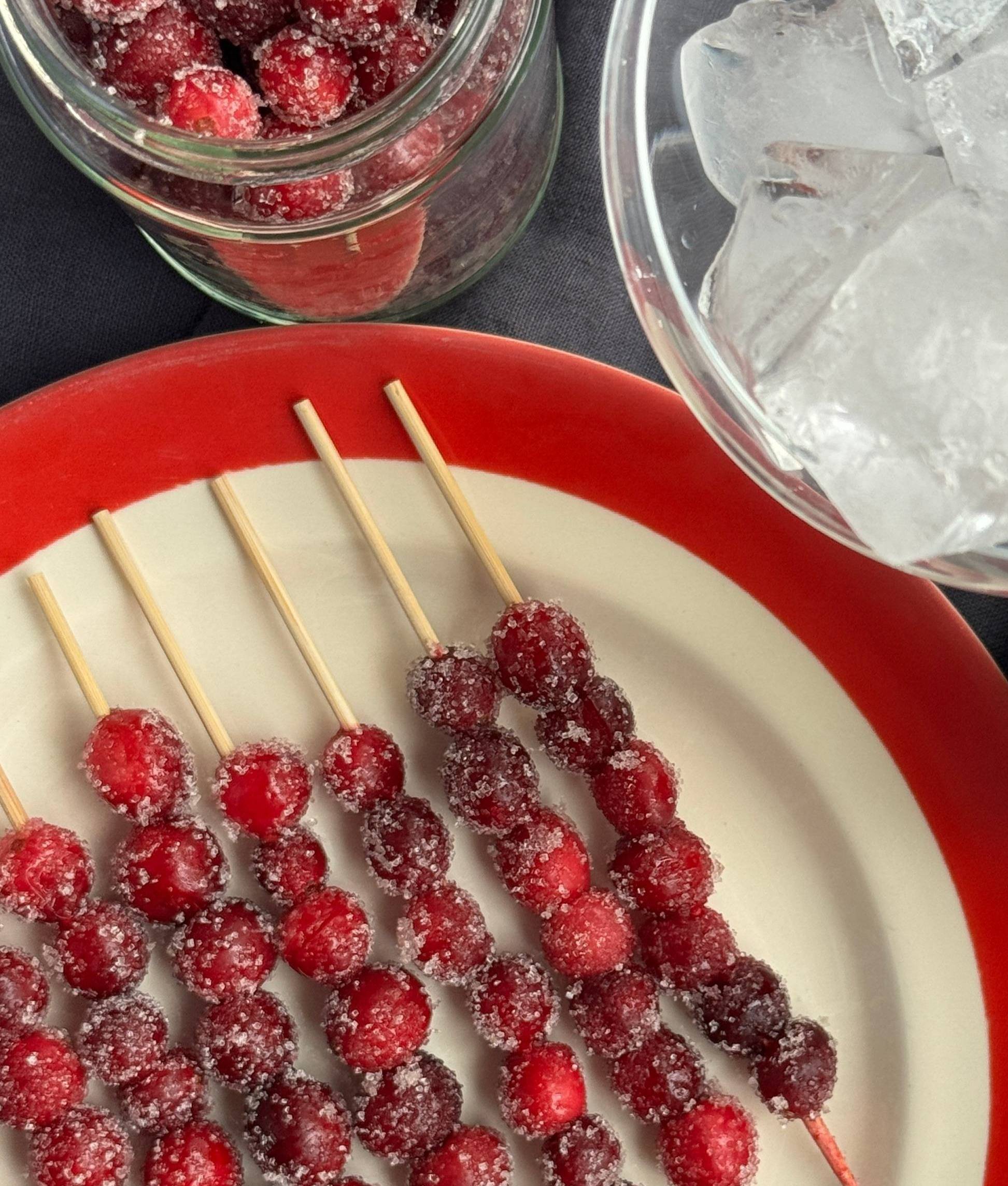 Cranberries covered in sugar, lined up on skewers and ready to be used as a garnish.