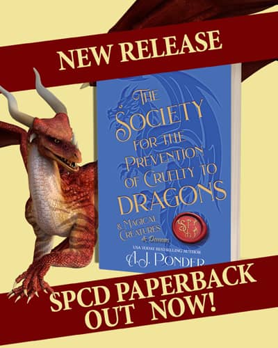 A red dragon on the left is snuggling up to: The Society for the Prevention of Cruelty to Dragons & Magical Creatures & Demons paperback book with the shadow of a dragon with its tail wrapped around an SPCD seal. With yellow writing over red ribbon: "New Release" SPCD paperback out now! 