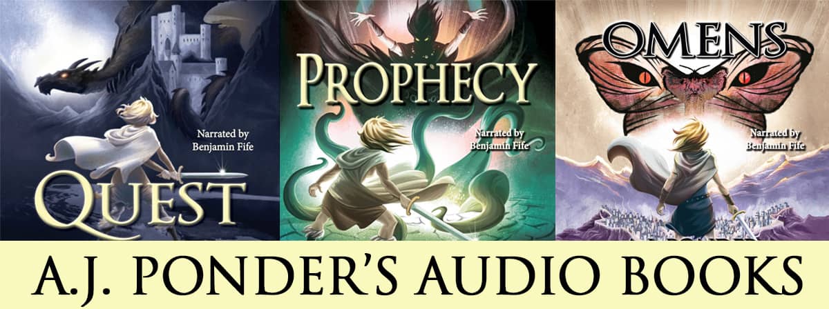 A.J. Ponder's Audio Books banner with Sylvalla fighting a dragon, a tentacled monster and surveying a burning city. 