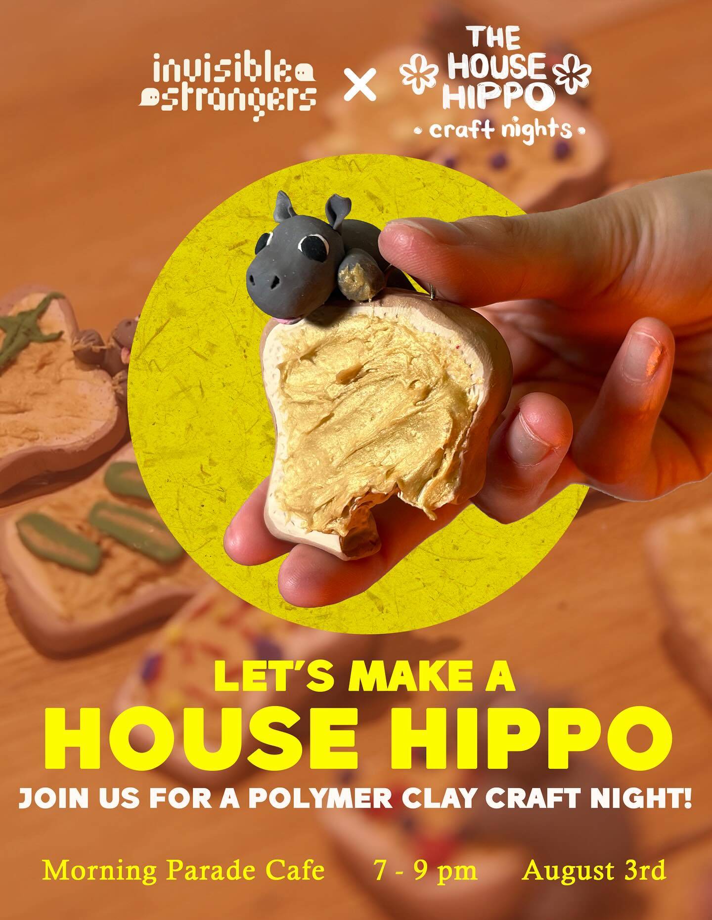 On August 3rd we will be collaborating with @thehousehippo_craftnights to create little hippo toasts! 🦛

This will be a cute evening @morningparadecoffee 

If you have been looking for a craft night and to make friends, we have the event for you.

#invisiblestrangers #torontoevents #toronto