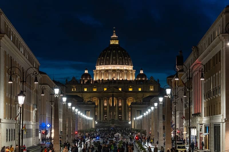 St. peter's basilica illuminated at night in rome