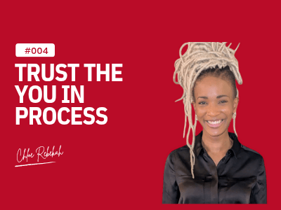 Trust the you in process text with an image of Chloe Rebekah on a red background