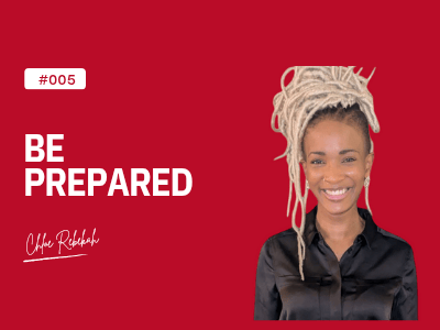 Be prepared in text with a photo of Chloe Rebekah on a red background