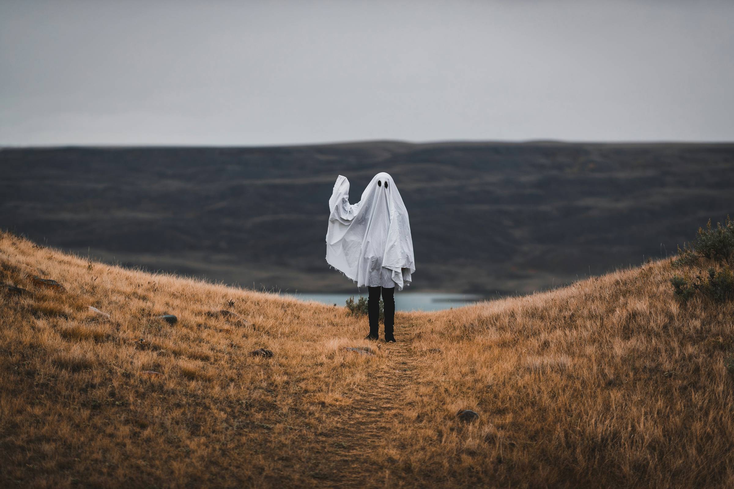 A person stands in the middle of a dry, grassy field, draped in a white sheet with two black eye holes cut out, resembling a ghost. 