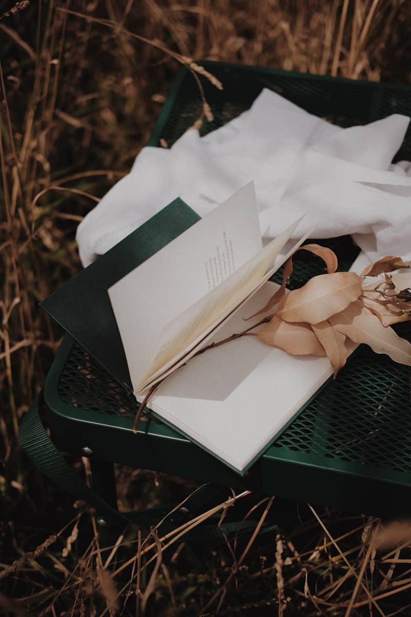 An open book sitting on top of a green bench