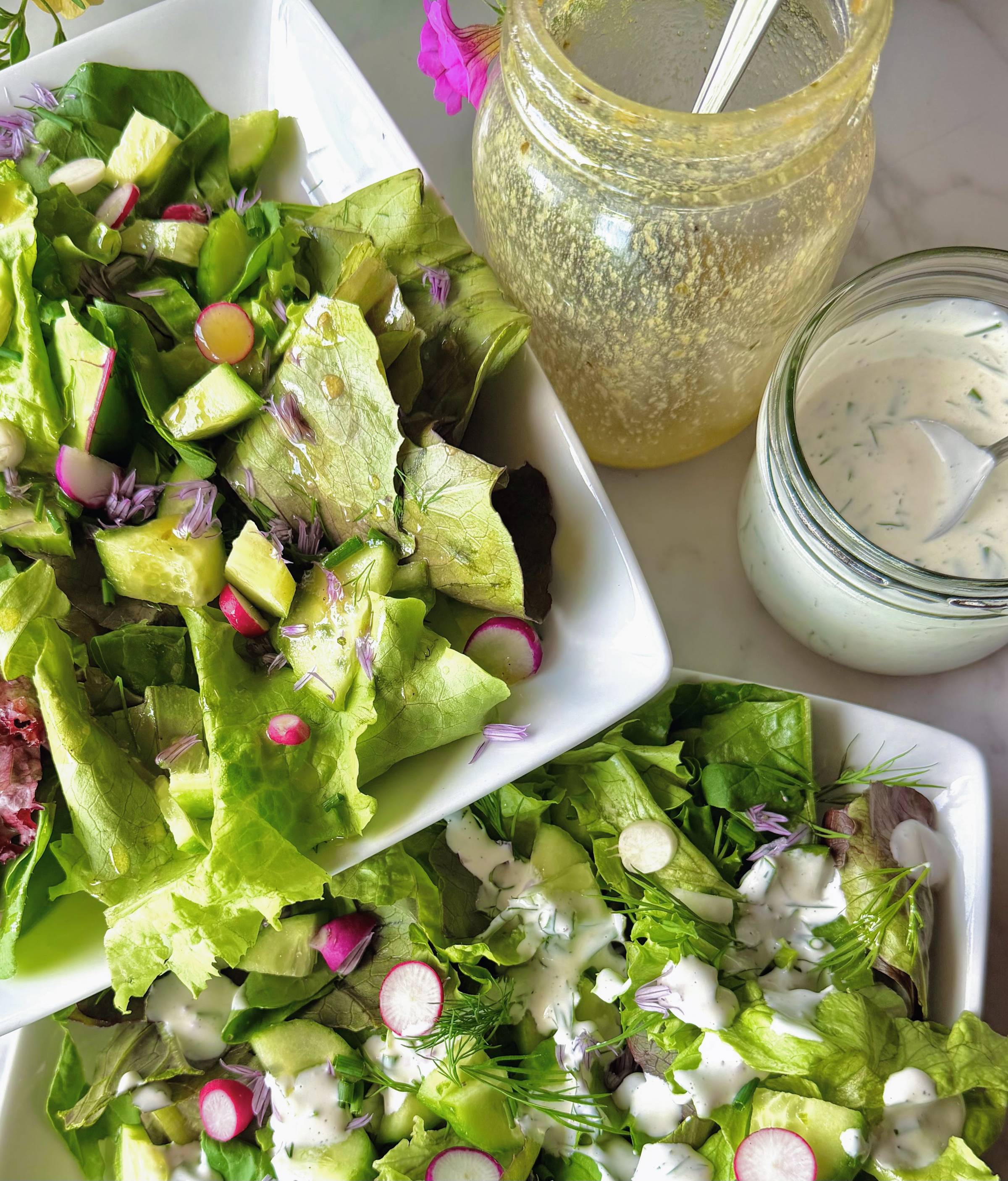 two dressings same salad greens