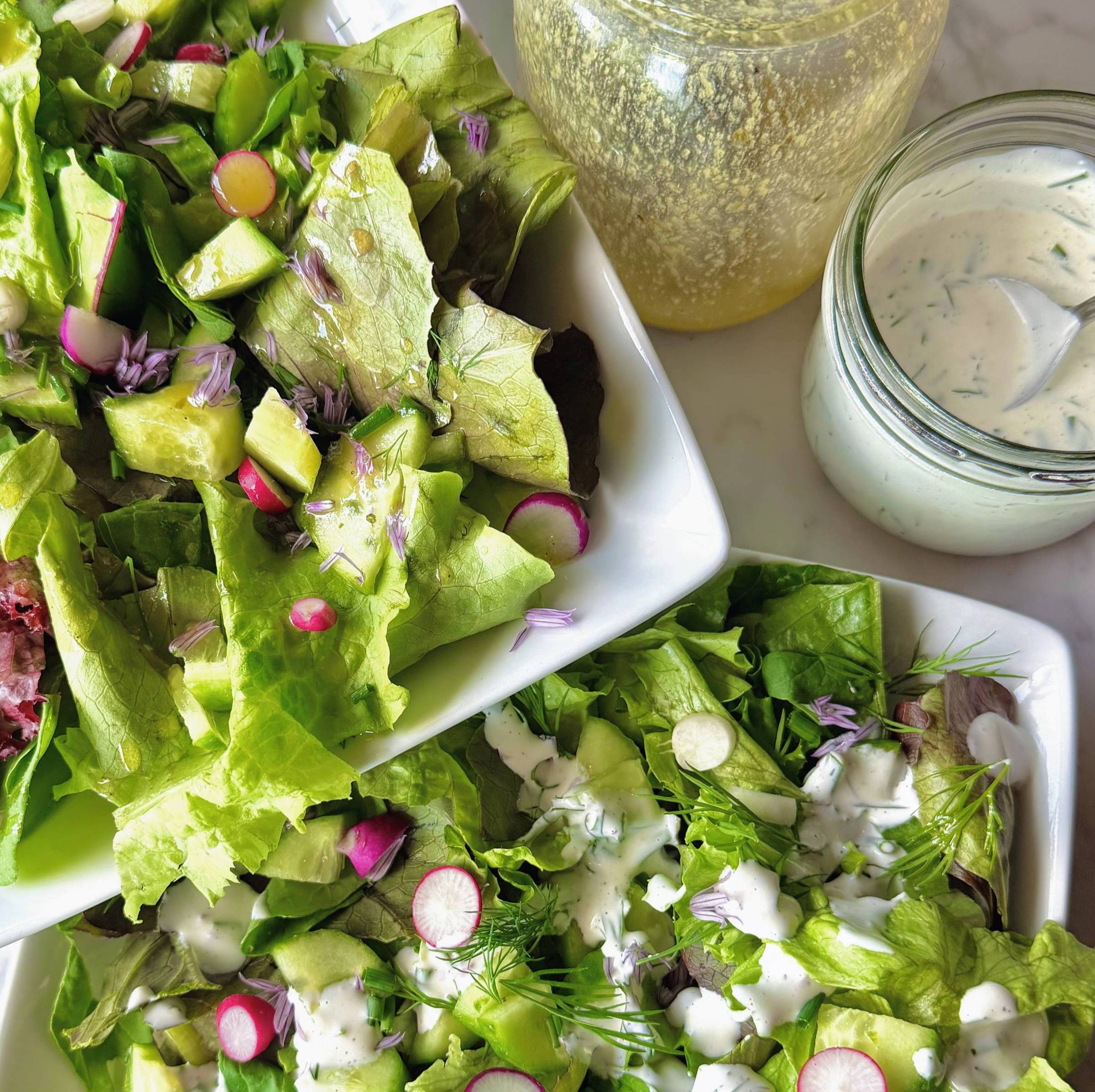 two salad plates with fresh lettuce greens, herbs, cucumbers and radishes, one dressed with vinaigrette and one with creamy herb dressing 2 jars of dressing beside plates