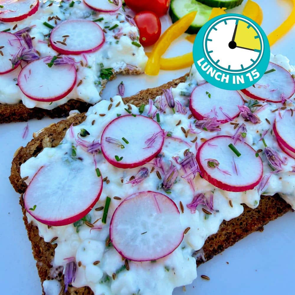 savoury cottage cheese toast with radishes on white plate