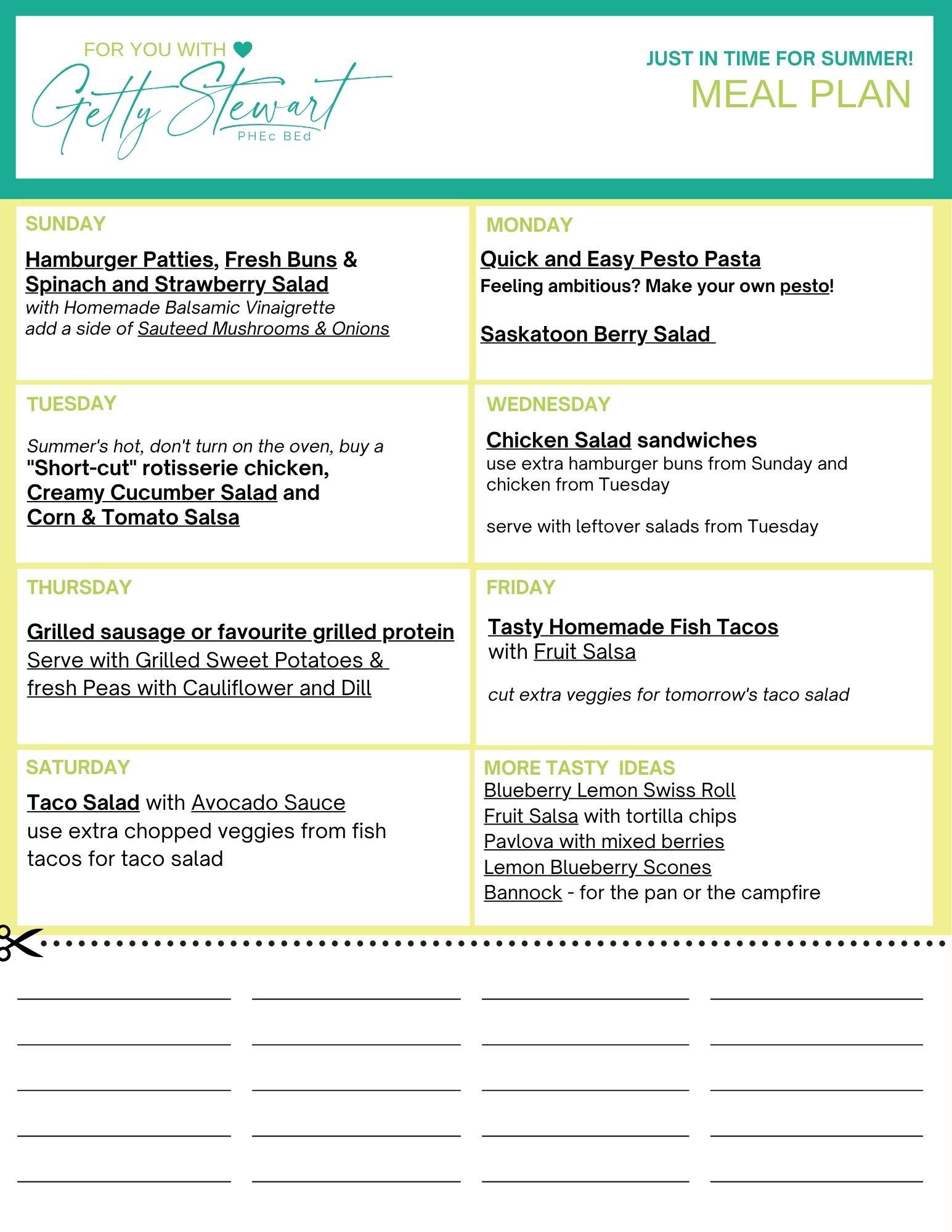 chart showing recipes with links for each day of the week with extra tasty recipe ideas in last box