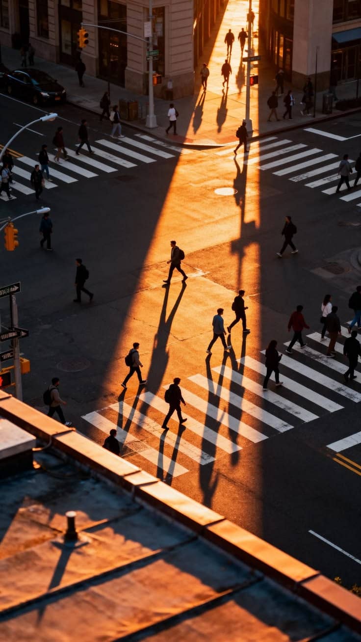 Photo of people crossing city crosswalk with sunlight illuminating the intersection