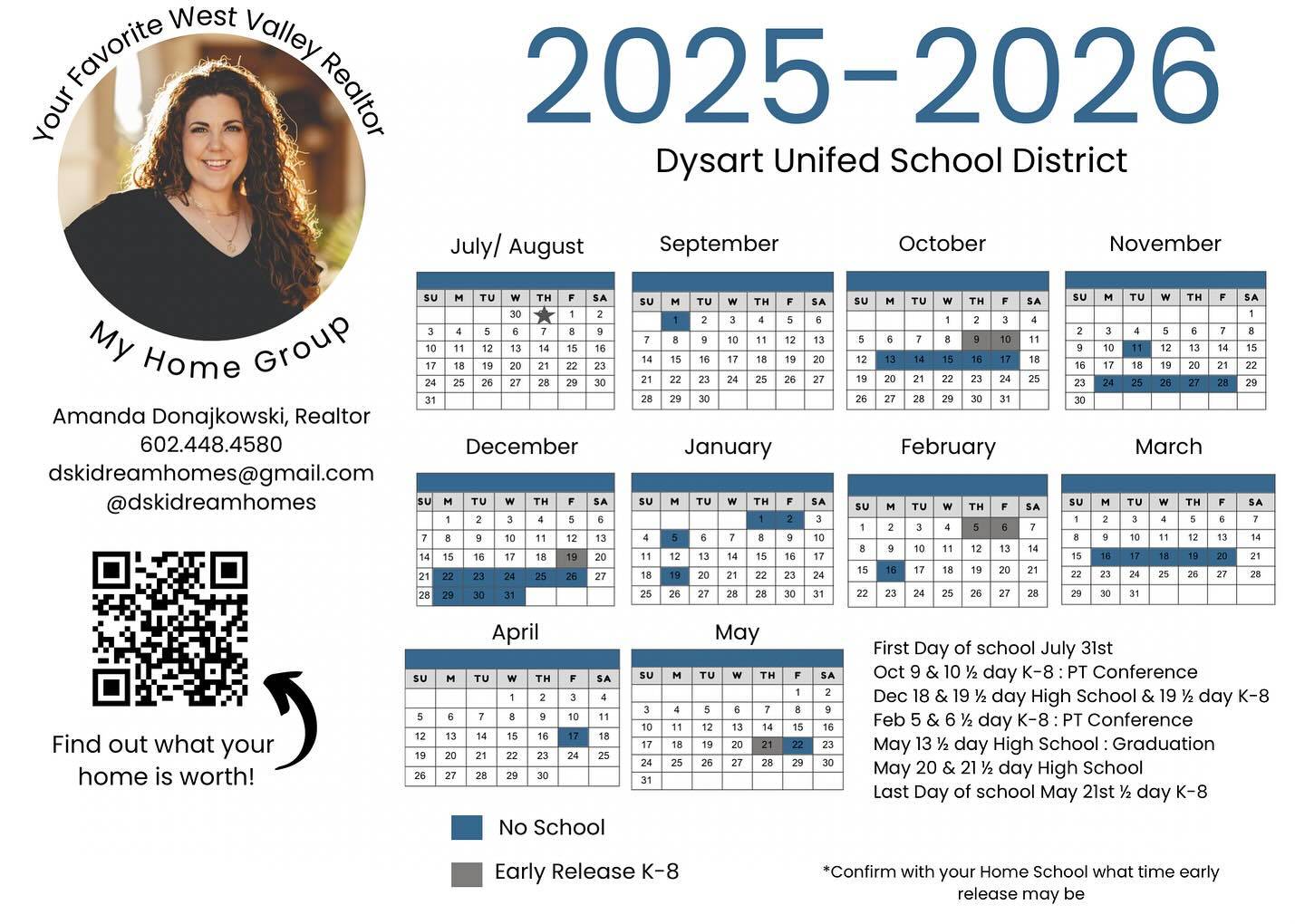 ✨ Hey Surprise, AZ parents! ✨
Want to actually know when fall break, half days, and early releases are happening this year? I’ve got you covered with FREE school calendar fridge magnets for Dysart and Nadaburg school districts 📆🧲

These magnets are perfect for busy families who want to stay organized without scrolling through district websites every week.

📩 DM me your name + mailing address and I’ll drop one in the mail for you!

Amanda Donajkowski, Realtor®️
@DskiDreamHomes
My Home Group
602.448.4580 Direct
Equal Housing Opportunity

#SurpriseAZ #DysartDistrict #NadaburgSchools #AZMoms #BackToSchool #LocalRealtor #CommunityMatters #FridgeGoals