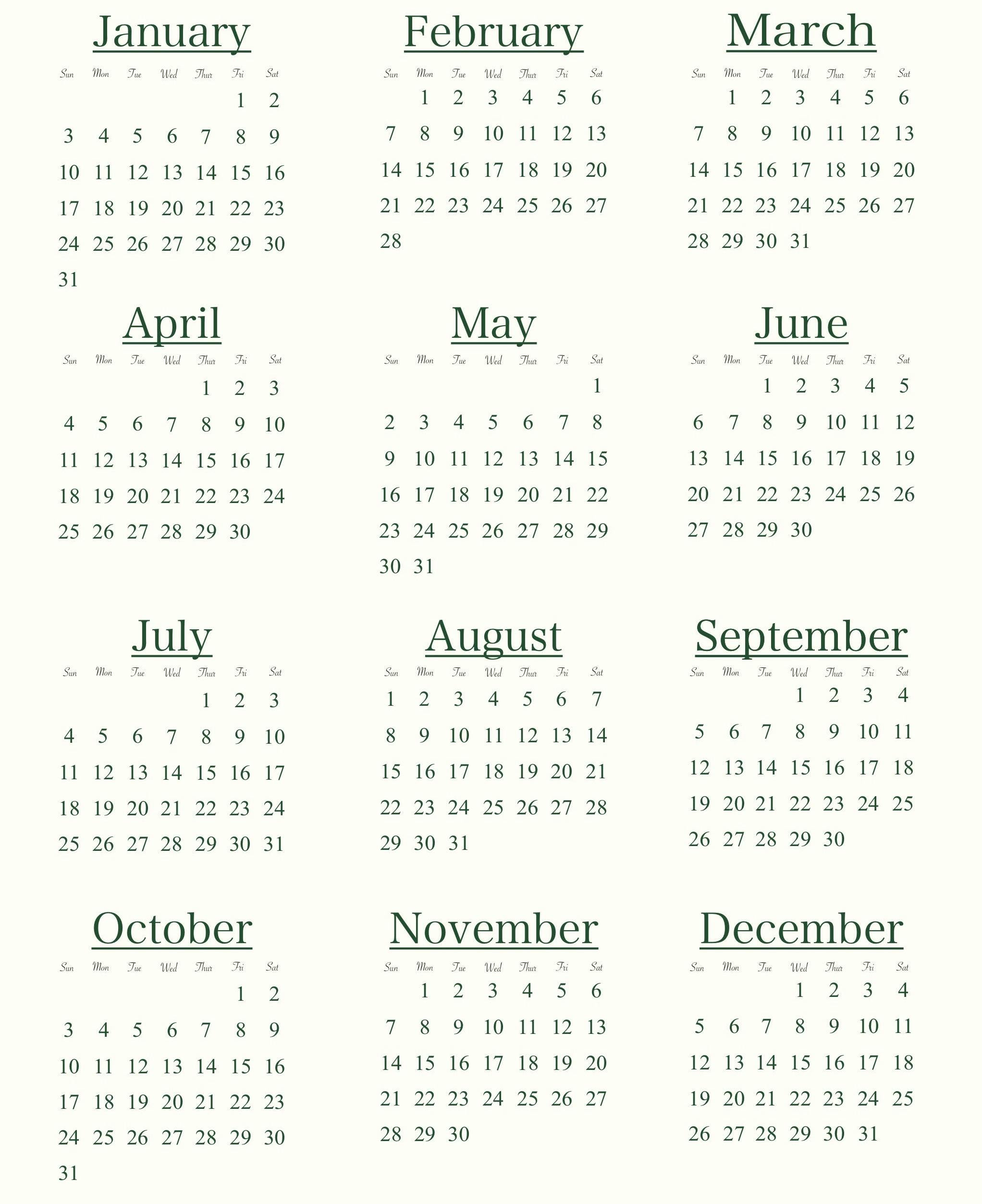 2021 Year at a Glance Calendar