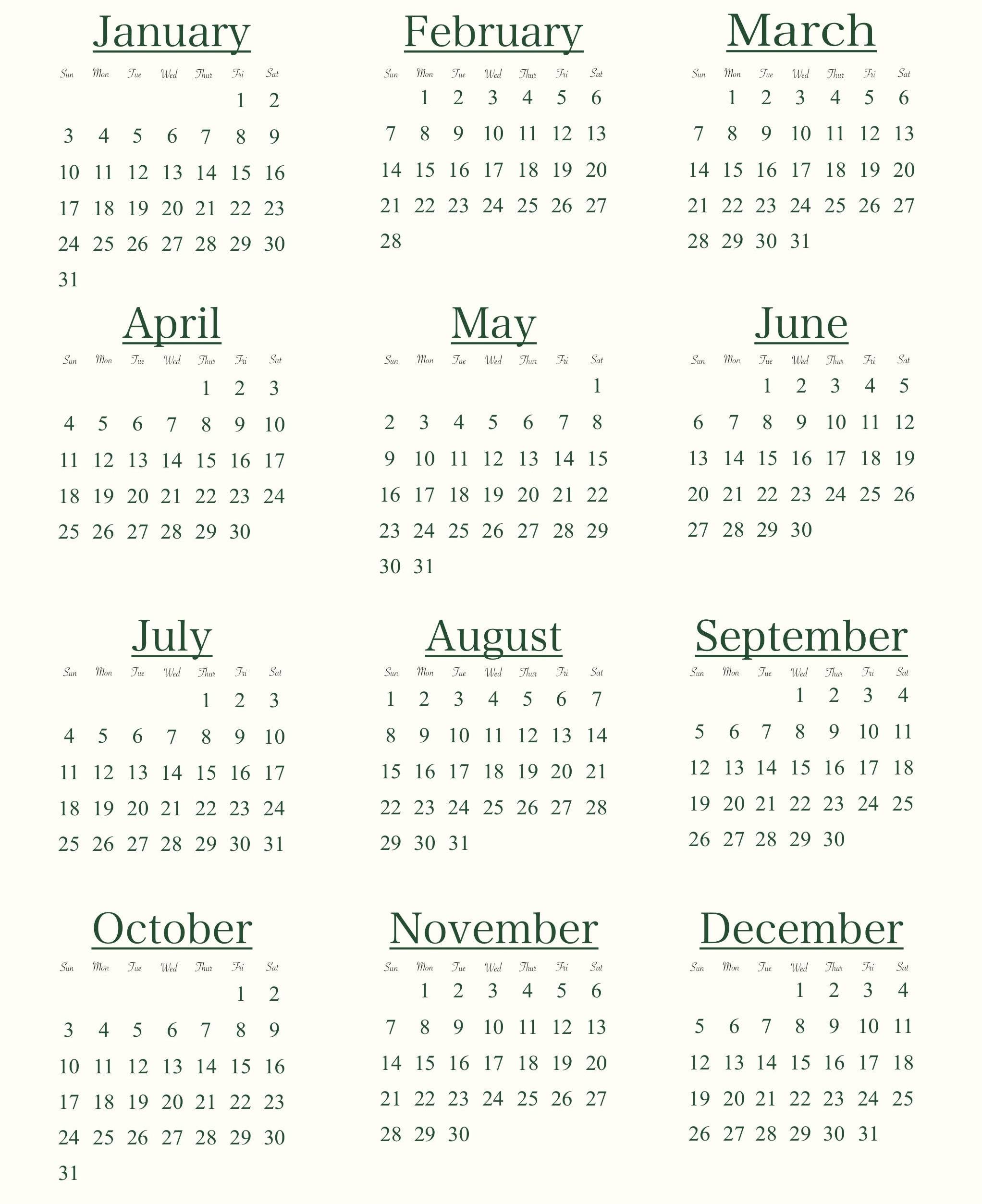 2021 Year at a Glance Calendar