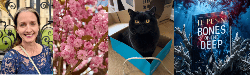 Jo in Oxford, cherry blossom, cat in a box, bones of the deep thriller